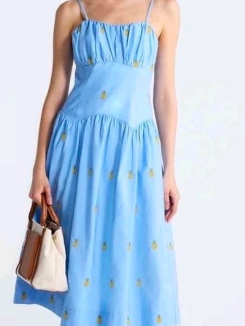 Light Blue Spaghetti-Strap Midi Dress with Pineapple Motif